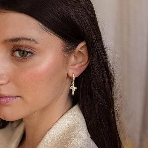 Robaice Gold Crown Cross Earrings for Women - 14K Gold Plated Huggie Hoop Earrings with CZ Diamond Cross Charm Dangle, Religious Christian Jewelry Gifts for Her thumbnail 3