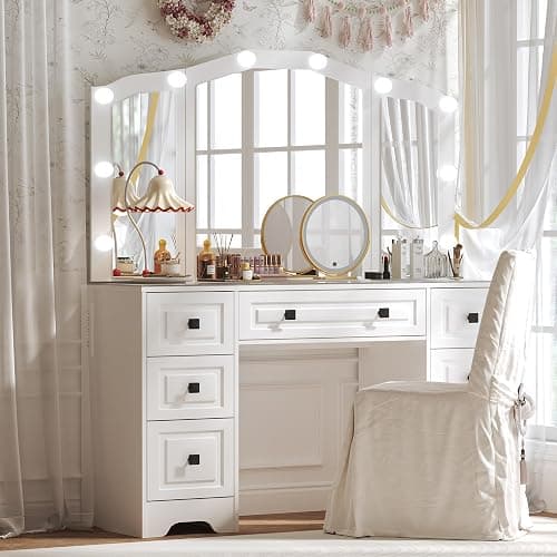 senlin Makeup Vanity with 3-Way Mirror, Retro Dressing Table with Lights, 7-Drawer Vanity Desk for Women & Girls, Vintage Vanity with Glass Top for Bedroom, Light White - Image 1