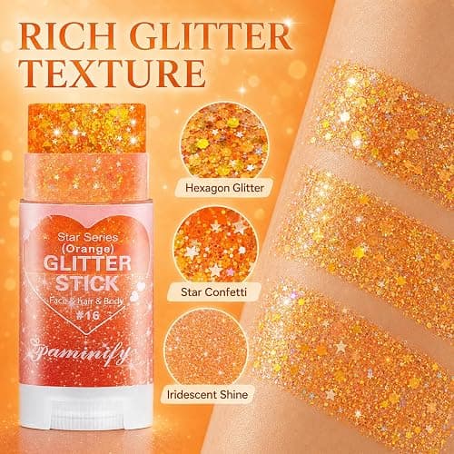 Paminify Orange Hair Glitter Stick,Cheer Orange Body Face Glitter Stick,Waterproof Singer Concert Outfits for Women,Mardi Gras Accessories,Halloween Chunky Glitter Cosplay Makeup Sequins thumbnail 5