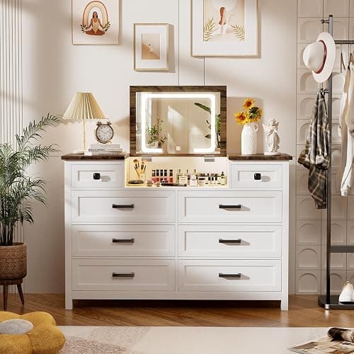 BROTTAR Dresser with Mirror for Bedroom, Chest of Drawers with LED Mirror, 8 Drawer Dresser, White Dressers for Kids, Wood Dressers, Farmhouse Makeup Vanity with Storage for Bedroom thumbnail 3