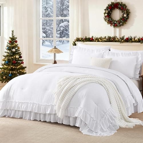 Andency White Comforter Set Queen Size, Lightweight Fluffy Farmhouse White Ruffle Bedding Set, Soft Microfiber All Season Shabby Chic Bed Comforter Set 3 Pieces(1 Ruffle Comforter 2 Pillowcases) - Image 1