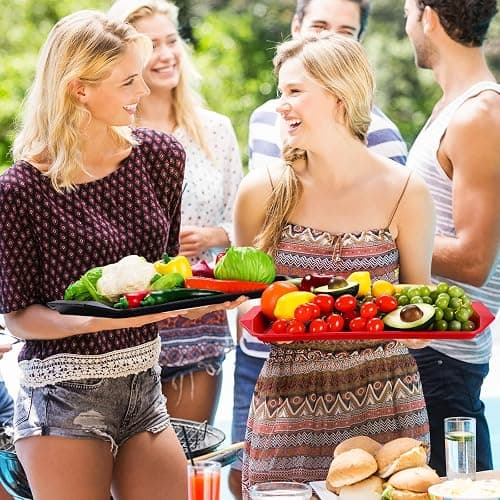 Doublefill Set of 4 Grilling Prep and Serve Trays, 17x12 in Black Red | Large BBQ Platter for Raw and Cooked Food, Cooking Meat Plastic Grilling Trays, Stackable Defrosting Prep and Carry System thumbnail 7