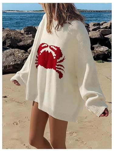 Verdusa Women's Crab Print Oversized Sweaters Y2K Drop Shoulder Pullover Knit Tops thumbnail 2