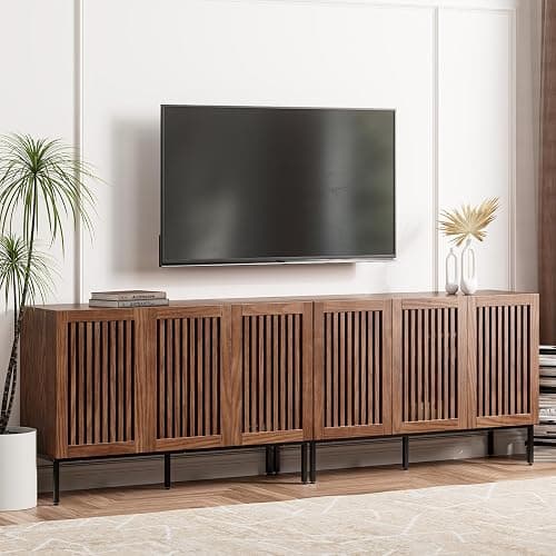 BVIUNTWO Farmhouse TV Stand for TVs up to 100 inch, 2 in 1 Entertainment Center TV Console with Storage Cabinets and Metal Base,Brown Media Console for Living Room - Image 1