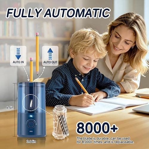 Deli Electric Pencil Sharpener, Fully Automatic Pencil Sharpener for 6.9-8mm No.2 & Colored Pencils, Auto in & Out, Rechargeable Hands-Free Sharpener for Classroom, Home, Office, Blue thumbnail 2