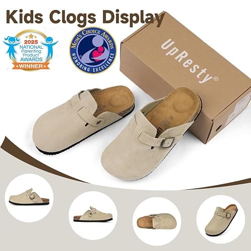 UpResty 100% Genuine Suede Toddler Kids Clogs with Arch Support, Boys Girls Infant Clogs with Comfort Memory Foam Insole, Non Slip Cork Footbed Mules for Kid with Adjustable Straps thumbnail 2