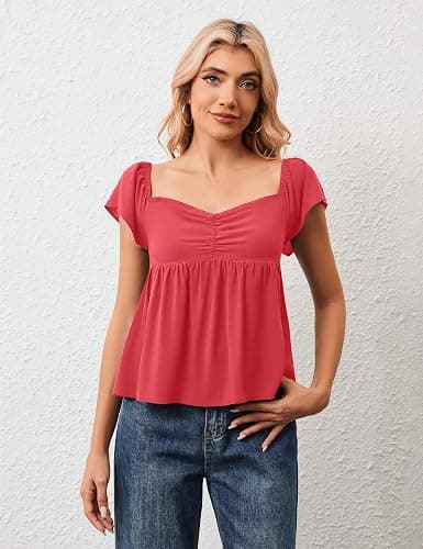 Navonta Peplum Tank Tops for Women Flutter Ruffle Short Sleeve Sweetheart Neck Cute Flowy Smocked Back Babydoll Tank Tops thumbnail 5