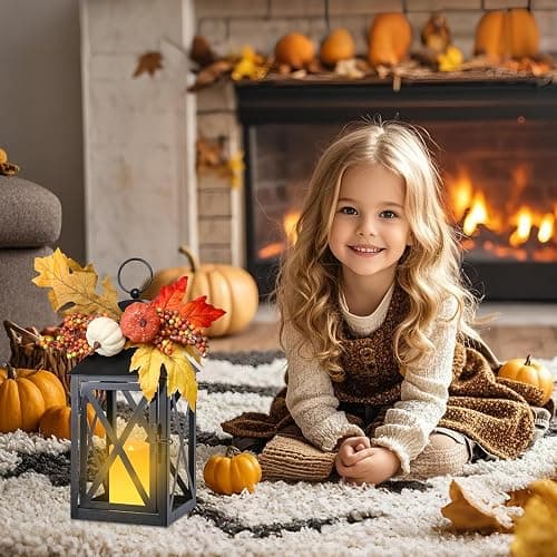 Bdor Fall Lanterns LED Candles 2 Pack 12 Inch Thanksgiving Decor Timer | Removable pumpkin and maple leaf accents, battery operated, tempered glass panels, autumn harvest and Thanksgiving decor thumbnail 8