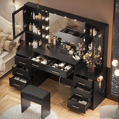 UGTOO Makeup Vanity Desk with Mirror and Lights, 58.3" Makeup Vanity with Lights & Charging Station, Dressing Table Vanity Set White Vanity Table with Cushioned Stool, 8 Drawers & 2 Cabinets Black thumbnail 3