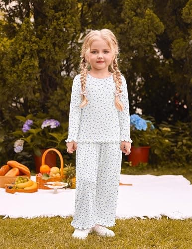 Arshiner Toddler Girl Clothes Fall Outfit Ribbed Lettuce Trim Tops Pant Set | for 2-10 Years Kids, 2 Piece, Long Sleeve, Crew Neck, Floral Wide Leg Pants Sets, Cute Casual Fashion Outfit thumbnail 2