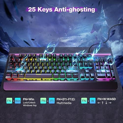 TECKNET Gaming Keyboard, USB Wired Computer Keyboard, 15-Zone RGB Illumination, IP32 Water Resistance, 25 Anti-ghosting Keys, All-Metal Panel (Whisper Quiet Gaming Switch) thumbnail 7