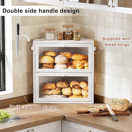 WOWLIVE Corner Bread Box for Kitchen Countertop, Large Double Layer Bread Storage Container for Homemade Bread, Black Bread Holder for Kitchen Counter, Under Cabinet Organizer (White, Extra Large) thumbnail 5