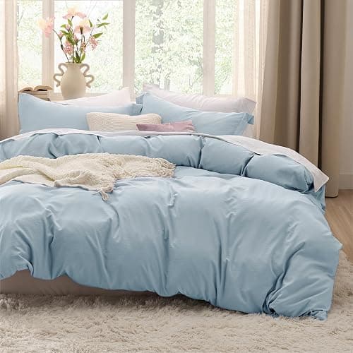Bedsure Sky Blue Duvet Cover Queen Size - 3 Pieces Prewashed Cotton-Like Extra Soft Bedding Set, Includes 1 Duvet Cover 90x90 Inches with Zipper Closure & 2 Pillow Shams, Comforter Not Included - Image 1
