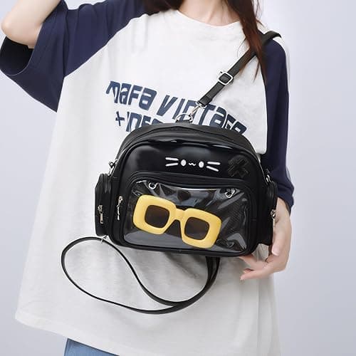 Lifelix Cat Ita Bag Backpack with Clear Window, Kawaii Pin Display Crossbody Bag, Y2K Anime Purse for Pins (Black) | Clear window displays 10-20 enamel pins with insert board. 3-way carry: backpack, shoulder, crossbody. Water-resistant PU thumbnail 2