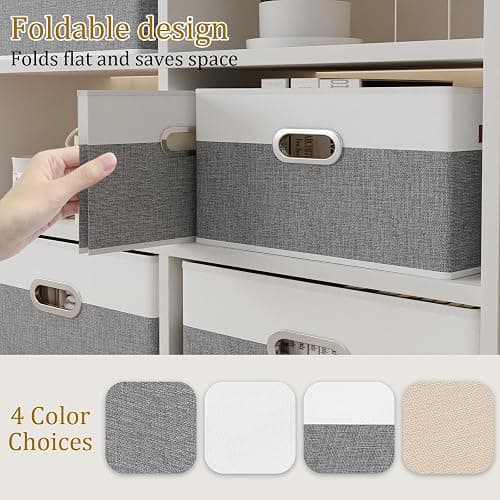 Yawinhe Fabric Storage Baskets, Foldable Closet Organizer for Shelves, Large Boxes with 3 Handles, Canvas Bins for Clothes, White/Grey, 12.99''Lx9.05''Wx7.87''H, 4-Pack thumbnail 7