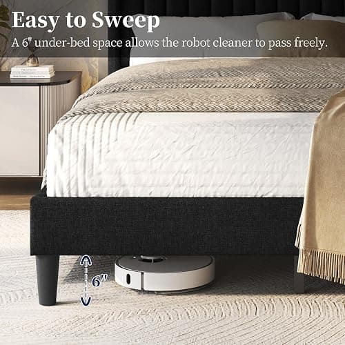 Yaheetech Queen Bed Frame Upholstered Platform Bed with Fabric Headboard, Wing Edge Design/Non-Slip and Noise-Free/Wooden Slats Support/No Box Spring Needed/Easy Assembly, Black Queen Bed thumbnail 6