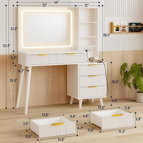 Vanity Desk with Mirror and Lights, Makeup Vanity Desk with Power Outlet, Makeup Desk with 5 Drawers&Storage Shelves, Vanity Table 3 Color Modes Adjustable Brightness Dressing Table Set for Bedroom thumbnail 2