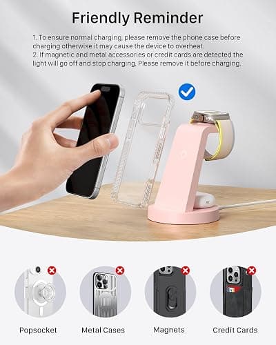 Anlmz 3 in 1 Charging Station - Wireless Charger for Apple Multiple Devices | Fast Charge Stand for iPhone 17-8 iWatch Airpods 4 3 Pro No Tangled Cables Ideal for Desk Bedside with 18W Adapter Pink thumbnail 6