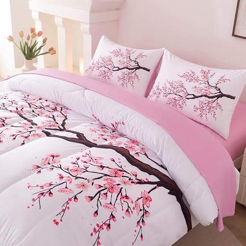 Suncloris Red Cherry Blossom Comforter Set Queen, 5pc Sakura Floral Bedding Set, Includes Lightweight Quilt, 2 Pillowcases, Flat & Fitted Sheet, Microfiber Bedding for Girls Teens (Red (5pcs), Queen) thumbnail 3