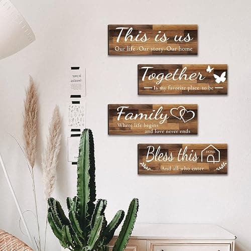 4 Pieces Home Wall Signs, THIS IS US/TOGETHER/BLESS THIS HOME/FAMILY Wall Decor For Living Room Bedroom, Rustic Wooden Farmhouse Wall Art , 4.7 x 13.8 Inch(Brown) thumbnail 6