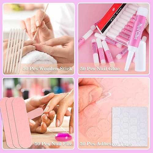 Press On Nail Tool Kit for Nail Business, Nail Prep Application Disposable Kit with Nail File, Nail Glue, Prep Pads, Instruction Card, Adhesive Nail Tabs, Wood Stick, Holographic Bag (50pcs in purple) thumbnail 4