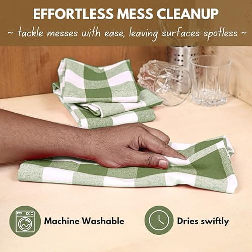 Native Fab Buffalo Check Kitchen Dish Towels, 16"x26", 4 Pack - 100% Cotton Plaid Washcloths - Absorbent Dish Cloths Set, Cleaning Hand Towels with Hanging Loop - Mint Green White thumbnail 5