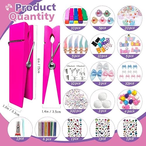 ELIZAHOME 10Sets 6 Inch Giant Clothespin Set Includes 10 Colored Wooden Clothespins, 300 Beads, 20 Mini Resin Ducks, 20 Fuzz Balls, 13 Bows, 6 Glitter, and Various Cheer Pin Charms，Cheerleading Gifts thumbnail 2