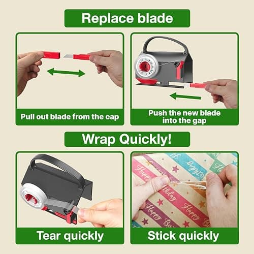 Wraprocut (2-Pack) Wrapping Paper Cutter & Tape Dispenser Dual Use with 4 Tapes，2 Replace Blades Kit for Christmas Gift Wrap Cutter Tool Paper Roll Holder Tube Sliding Slicing for Birthday Holiday. thumbnail 4