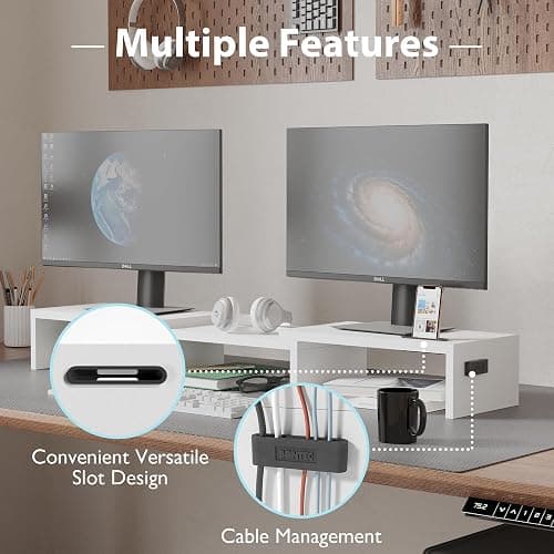 BONTEC Dual Monitor Stand Riser with Smartphone Holder, Adjustable Length & Swivel Angle, Ergonomic Wooden Desktop Organizer for PC Monitor, Laptop, Printer, Large Storage, White thumbnail 6