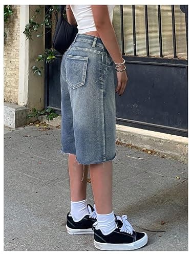 GORGLITTER Girl's Jean Shorts Jorts Low Rise Baggy Wide Leg Ripped Hem Bermuda Denim Shorts Y2k Bottoms thumbnail 2