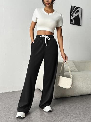 PINSPARK Wide Leg Sweat Pants for Womens High Waisted Baggy Sweatpants Casual Drawstring Workout Pants with Pockets thumbnail 2