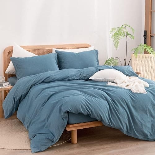 BESTOUCH Duvet Cover Set 100% Washed Cotton Linen Feel Super Soft Comfortable Chic Lightweight 3 PCs Home Bedding Set Solid Dark Blue Queen thumbnail 4