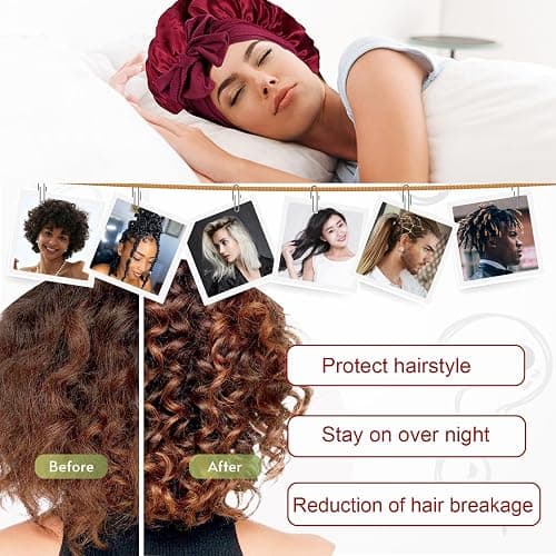 iLamvie Silk Curly Hair Cap, Silk Bonnet, with Adjustable Ribbons, Elastic Satin Night Hat for Sleeping, Women's Satin Night Hat for Women Girls (Red) thumbnail 5