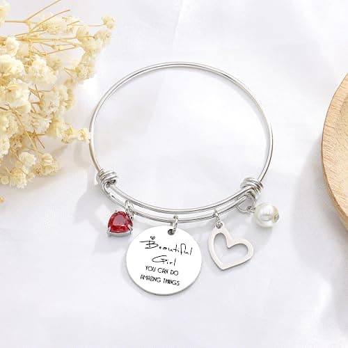 Personalized Birthstone Pendant Bangle Bracelet for Her, Birthday Present, Friendship Gift for Bestie, Encouragment Gift for Her thumbnail 4