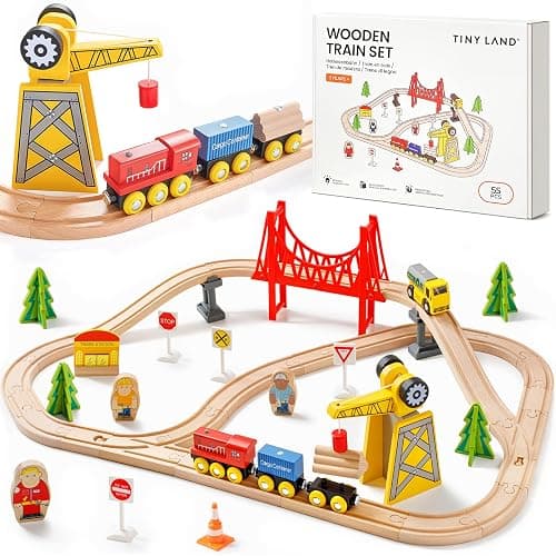 Tiny Land 55PCS Wooden Train Set - Compatible with Major Brand Tracks, Educational Toy for Toddlers & Kids Ages 3-7, Durable Wooden Railway Tracks - Image 1