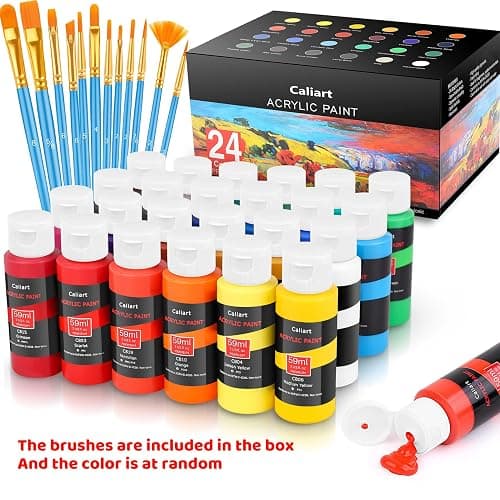 Caliart Acrylic Paint Set with 12 Brushes, 24 Colors Wood Craft Paints for Adult Artist Beginner Painter, Rich Pigments, Halloween Pumpkin Canvas Ceramic Rock Painting Art Kit Supplies thumbnail 2