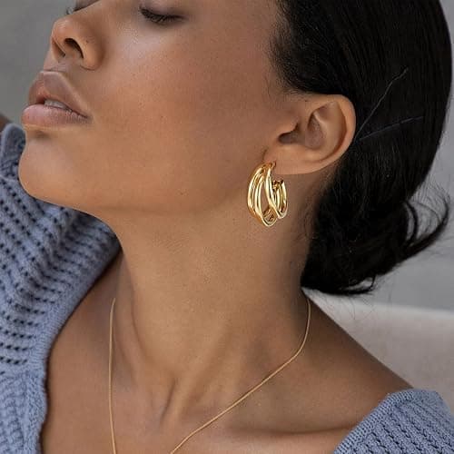 SWEETV Chunky Hoop Earrings for Women, 925 Sterling Silver Post Triple Open Hoops, Diameter 15/20/30MM thumbnail 2