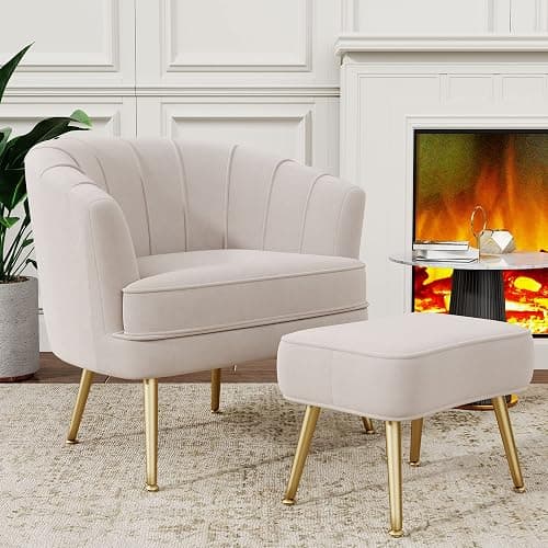 Andeworld Velvet Accent Chair with Ottoman, Upholstered Modern Single Sofa Side Chair,Comfy Barrel Club Living Room Armchair with Golden Metal Legs for Bedroom Living Reading Room Office, Beige thumbnail 9