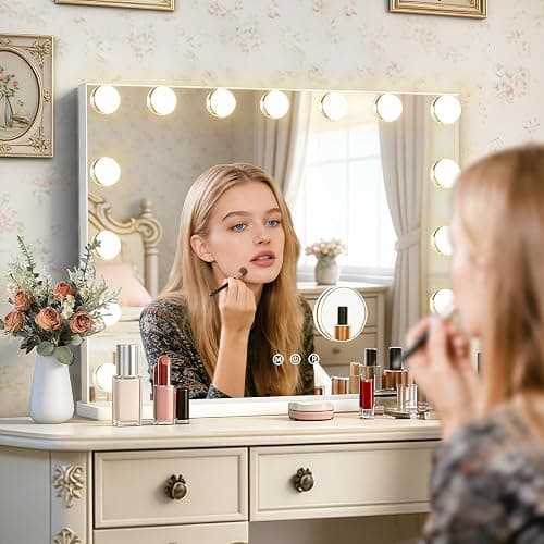 Ratsamee Hollywood Vanity Mirror with Lights, 23" x 18", 15 Dimmable Bulbs, 3 Color Lights, Make Up Lighted Mirror, USB Charging Port, Gifts for Women Wife Teengirls White thumbnail 5