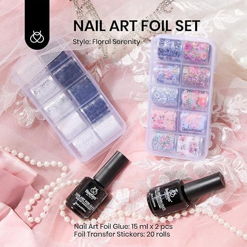 Beetles Nail Foil Glue Gel 2Pcs 15ml with 20 Pcs Lace Flower Butterfly Stickers Transfer White Black Lace Nail Foil Set, LED Lamp Soak Off DIY Manicure Gifts for Women thumbnail 5