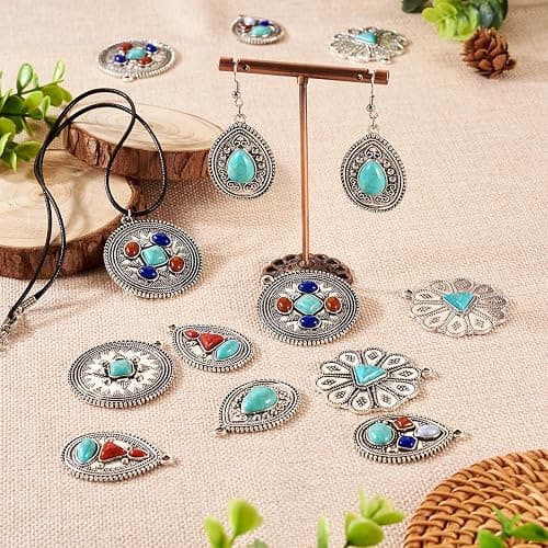 Spritewelry 24Pcs Turquoise Charms Western Charms for Jewelry Making Vintage Antique Silver Pendants Teardrop Flower Flat Round Dangle for Bohemian Necklace Earring Making thumbnail 3