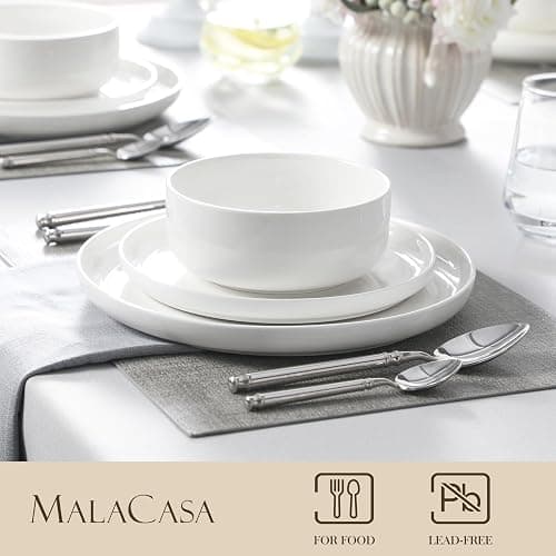 MALACASA Plates and Bowls Sets, 12 Pieces Porcelain Dinnerware Sets Dishware Sets Chip Resistant Ceramic Dish Set Dining Dinner Ware Service for 4, White, Series LUNA thumbnail 2