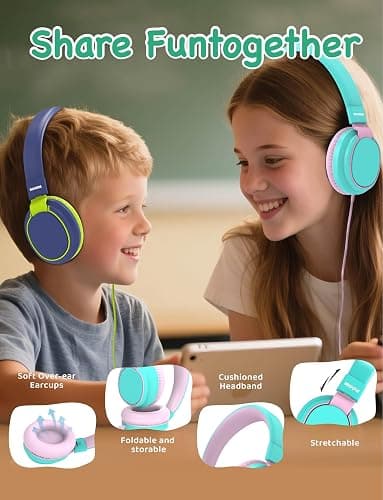 MIDOLA Kids Headphone Wired Volume Limited 85/94dB Over-Ear/On-Ear Foldable Headset with Microphone Hearing Protection Headphones for Toddler Boy Girl Child School Learning Pad Tablet Cyan thumbnail 2