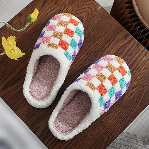 Halloween Christmas Slippers Checkered Scuff for Women and Men Holiday Indoor Bedroom Fluffy Warm Fleece Slippers Winter Soft Cozy Home Non-Slip Soft Plush Slip-on Wool Lined House Shoes thumbnail 5