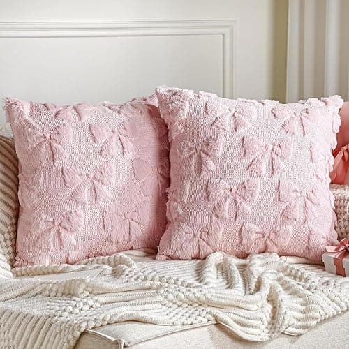 FUFRE 2 Stück Schleife Kissenbezug 45x45 cm, Kissenbezüge Schleifen 45x45 Deko Wohnzimmer Modern Kissenhülle Zimmer Deko Aesthetic Zierkissenbezüge Muttertag Dekokissen Geschenk für Mama (Rosa A) - Image 1
