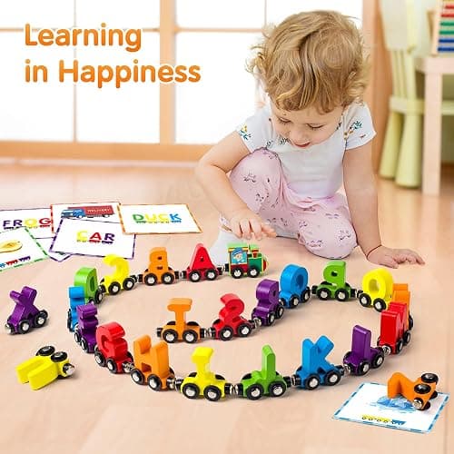 Vanmor 27 PCS Magnetic Wooden Alphabet Train Sets | ABC Letter Learning Toy Trains with 42 PCS Flash Cards, 1 Engine, 1 Storage Bag | Toddlers Kids Boys Girls Educational Toys for 3 4 5 6 7 Years Old thumbnail 2