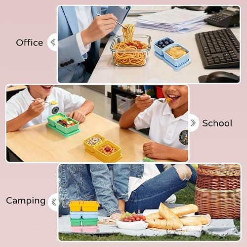 MACTANO 4 Pack New Reusable Silicone Snack Containers with Lids, 10 oz Double Compartment Condiment Meal Prep Control Containers Portable Small Leakproof for Office Travel Picnic thumbnail 7