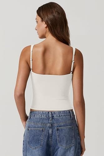 QINSEN Women's V Neck Tank Tops Double Lined Adjustable Strap Camisole Shirt thumbnail 5