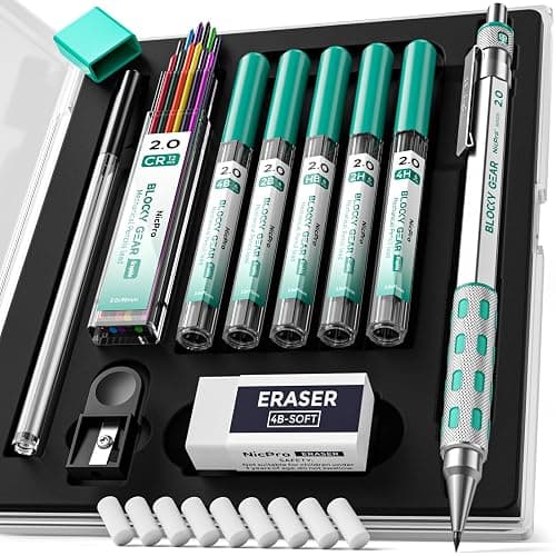 Nicpro Blocky Gear 2.0 mm Mechanical Pencils Set in Case, Metal Pencil with 6 Tubes 2mm Lead Refill (HB 2B 2H 4B 4H & Colors) Sharpeners, Eraser for Professional & Adult Art Writing Drafting Drawing - Image 1
