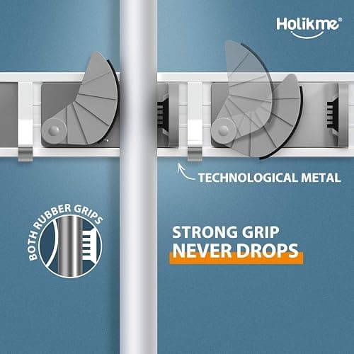Holikme Mop Broom Holder Wall Mount Metal Pantry Organization and Storage Garden Kitchen Tool Organizer Wall Hanger for Home Goods (4 Positions with 4 Hooks, Silver) thumbnail 4